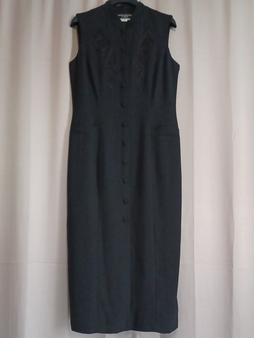 Vintage 90s Donna Morgan Black Embroidered Button Front Midi Sheath Dress Sz 10